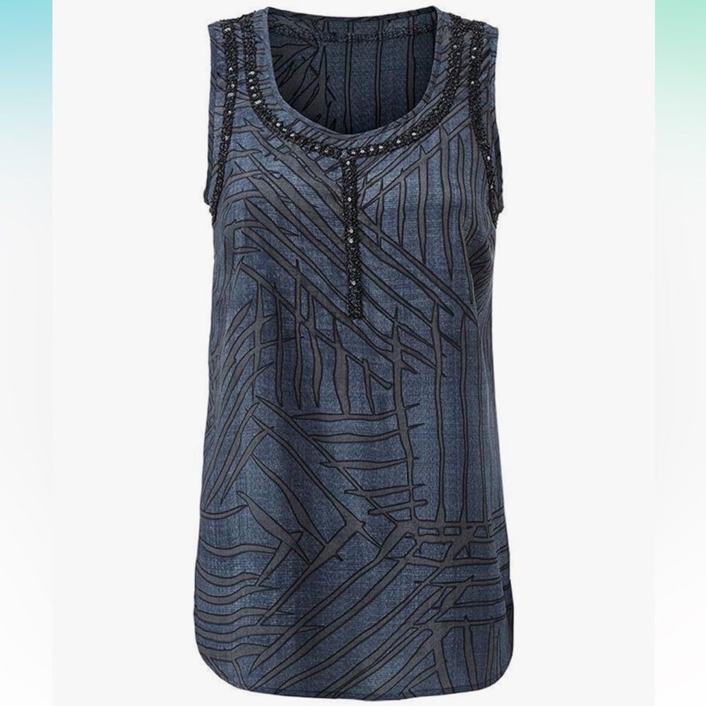 CAbi Blue Graphic Embellished Tank Top
